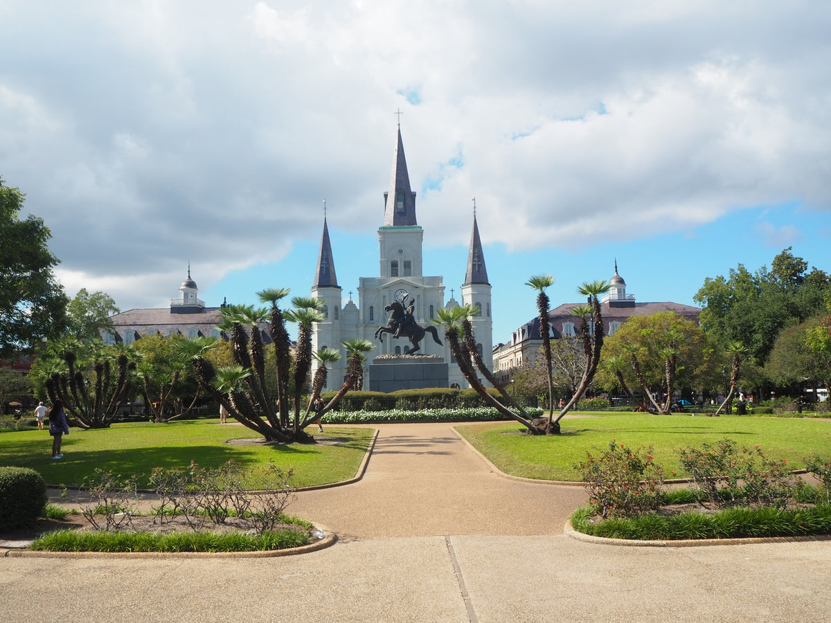 Jackson Square gardens looking toward St. Louis Cathedral, New Orleans.